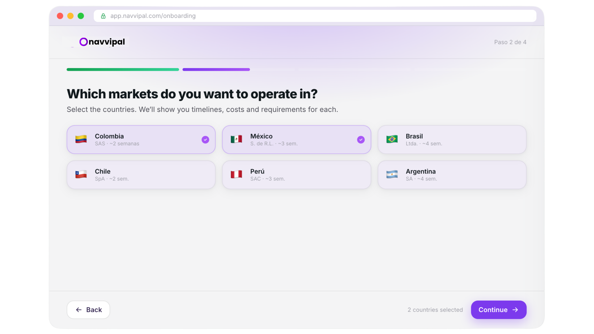 NavviPal select country dashboard step